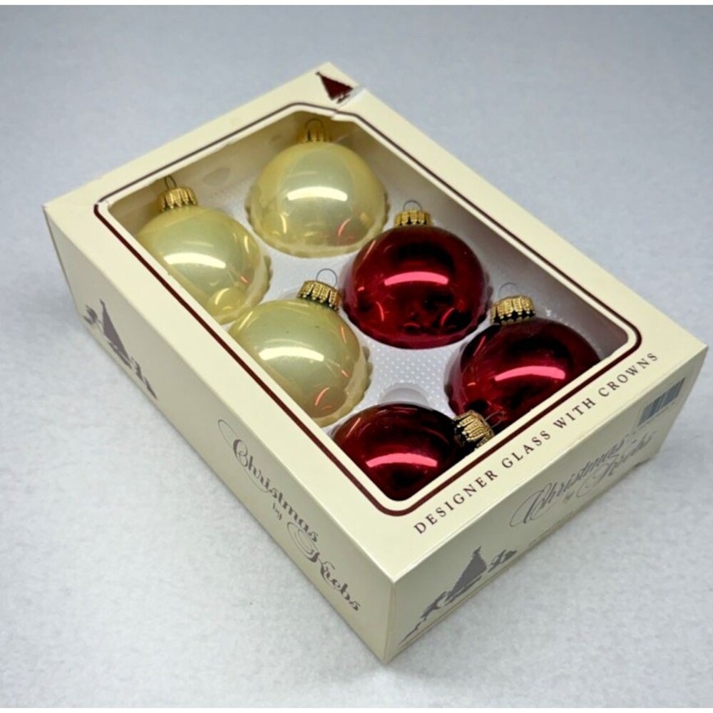 Christmas by Krebs Glass Ball Ornaments Set 6 Red Ivory Designer Boxed